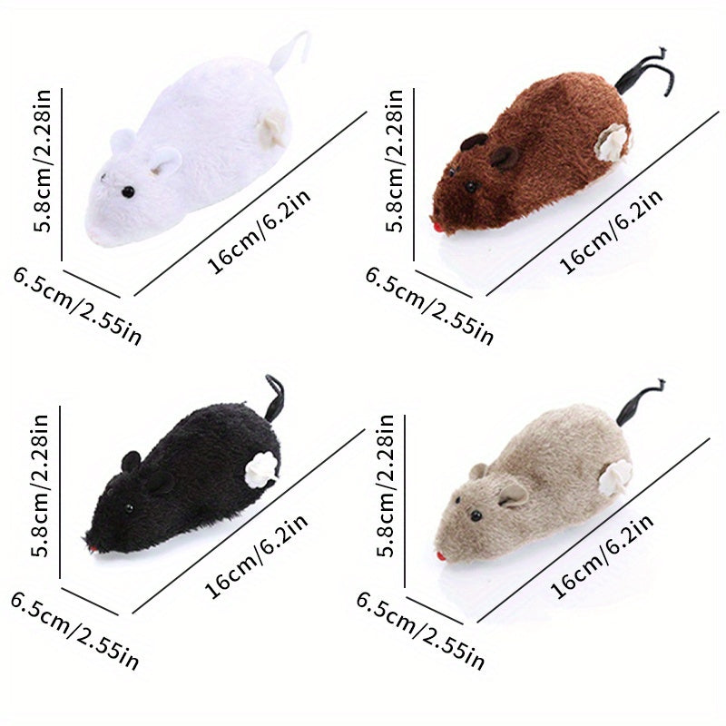 Wind-Up Mouse Cat Toy Set, Plush Clockwork Moving Mice for Supervised Indoor Chase Play, No Batteries Required, Gray Black White and Beige