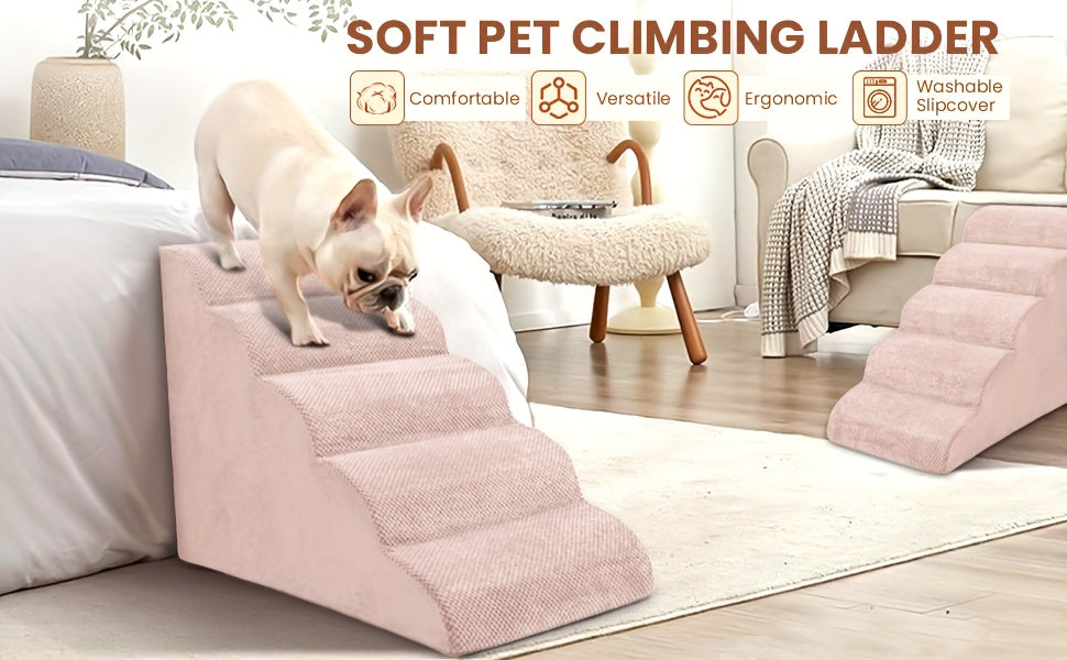 5-Step Dog Stairs with Washable Slipcover, High-Density Foam Pet Steps with Non-Slip Base for Small Dogs and Cats, Bed and Couch Access in Six Colors