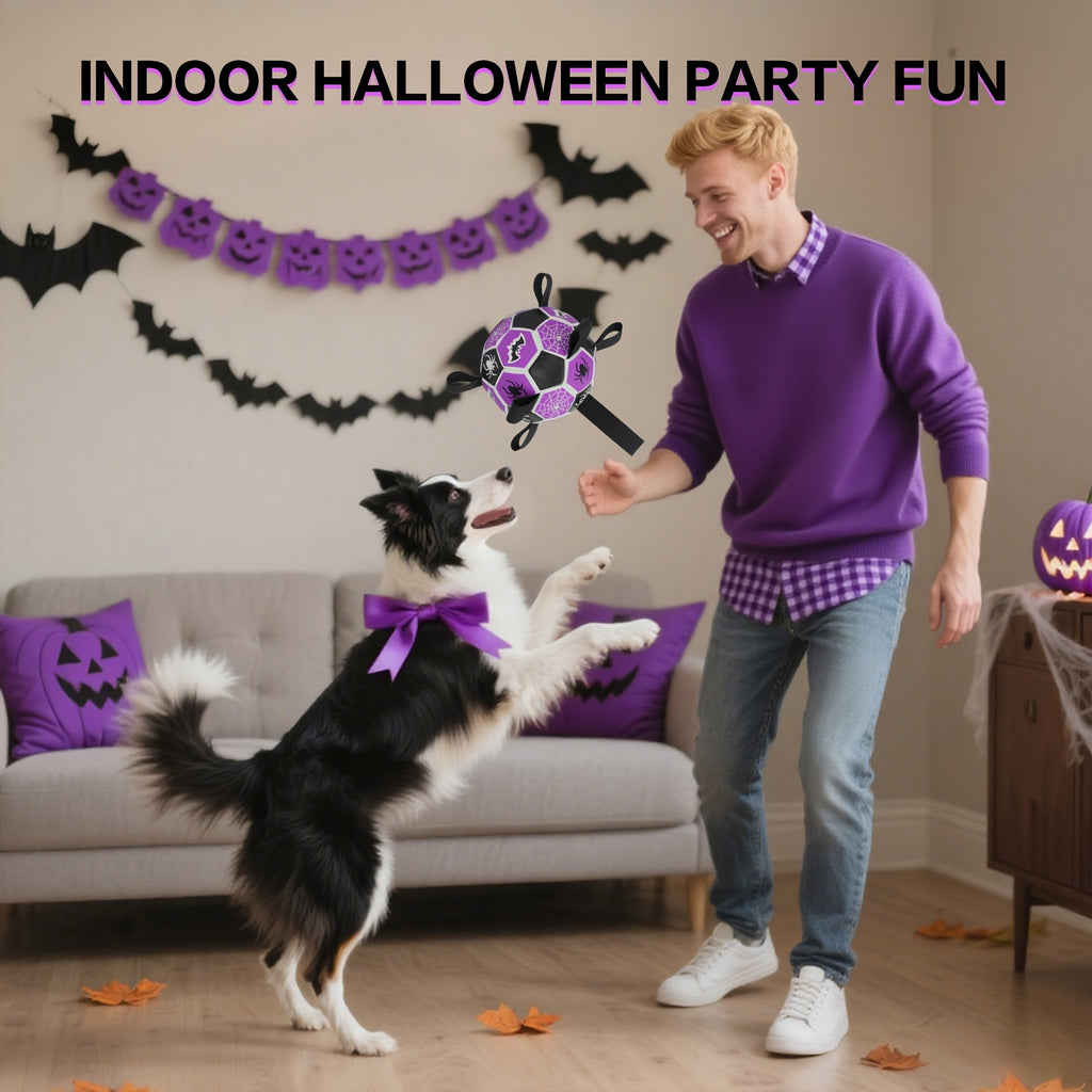Dog Ball with Halloween Bat and Spider Web Design, Purple Black Fetch Toy with Strap and Inflator, 6 or 7.25 Inch for Supervised Interactive Play