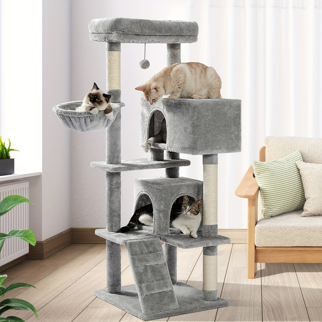 Cat Tree with Oversized Top Perch, 56.3 Inch Multi-Level Indoor Cat Tower with Hammock, Two Condo Hideaways and Scratching Posts, Five Colors