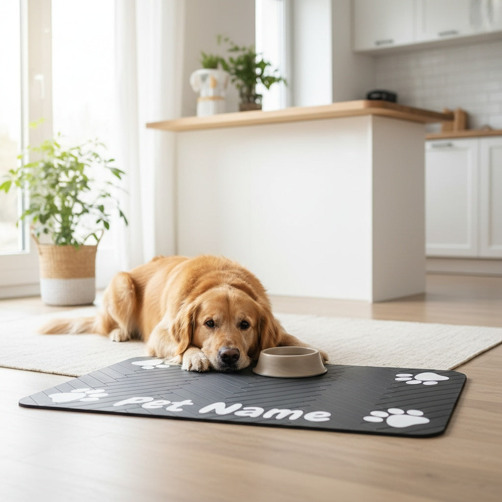 Paw Print Pet Feeding Mat, Light Gray 11.81 x 15.75 Inch Absorbent Non-Slip Bowl Pad with Herringbone Design for Dog and Cat Food and Water Stations
