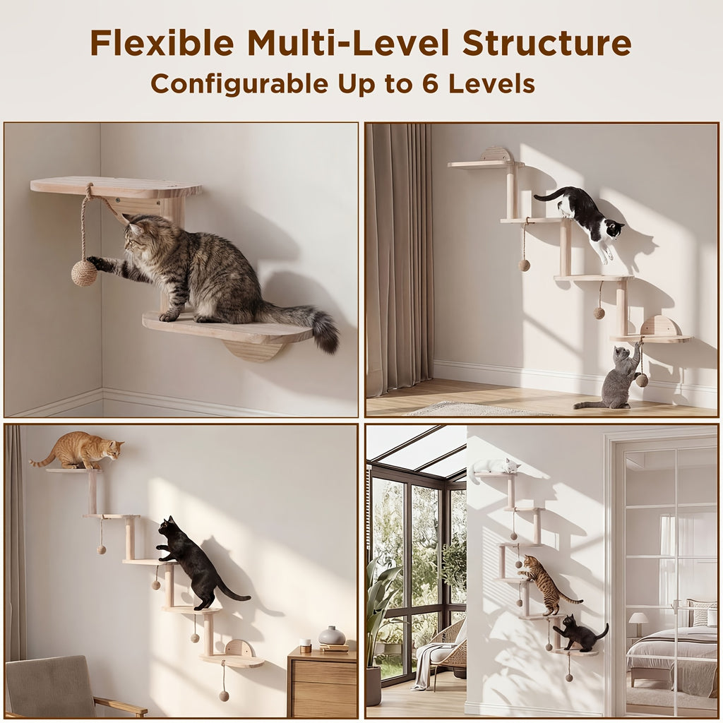Modular Cat Wall Shelves 6-Piece Set with 5 Toy Balls, DIY Wall-Mounted Cat Tree Furniture for Indoor Climbing, Resting and Scratching