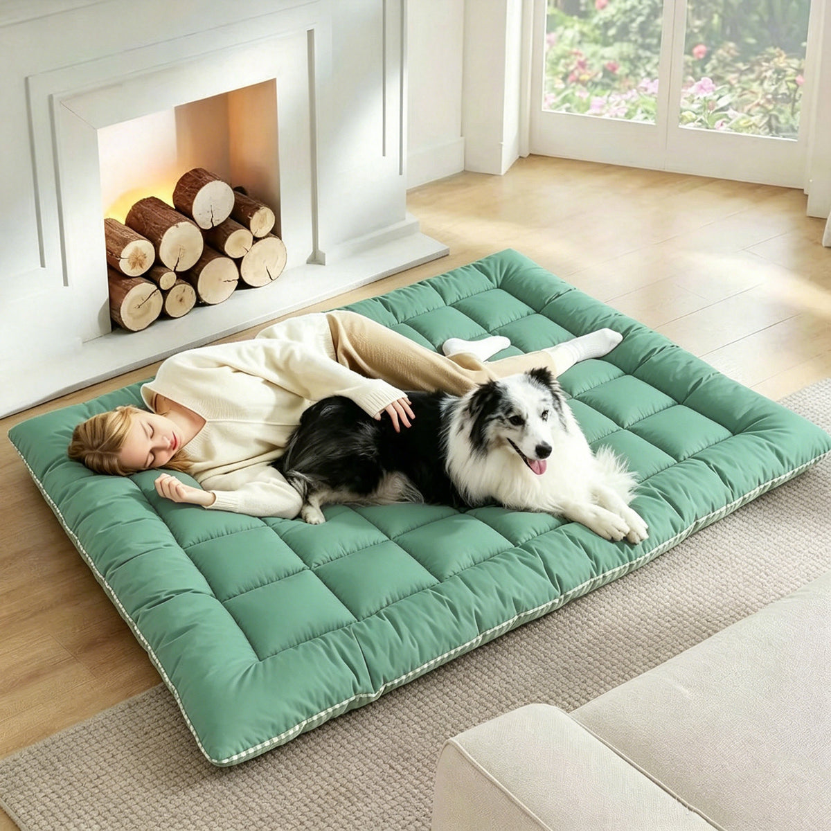 Dog Bed Mat Topper with Four Corner Straps, Rectangular Roll-Up Pet Mattress Pad for Large Dogs and Multi-Pet Homes, L to XXXL with Plush and Faux Fur Options