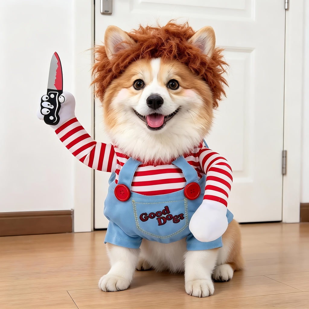 Halloween Dog Costume Deadly Doll Cosplay Outfit in M L XL, Spooky Pet Dress-Up Clothes for Costume Parties, Holiday Gatherings and Dog Photo Sessions