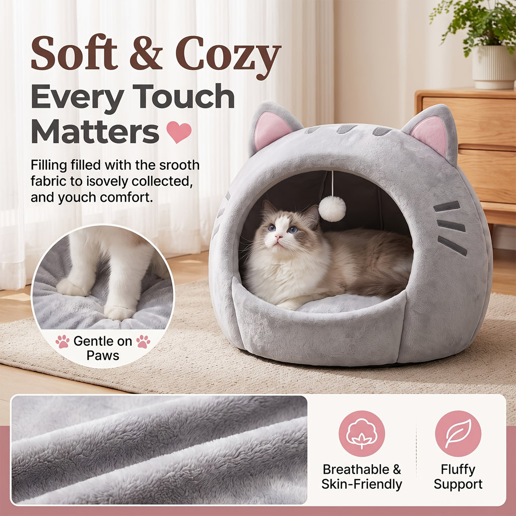 Enclosed Cat Bed with Washable Cushion, Gray Plush Cat Tent with Hanging Toy Ball, S to XL Indoor Cat House with Included Pet Bandana