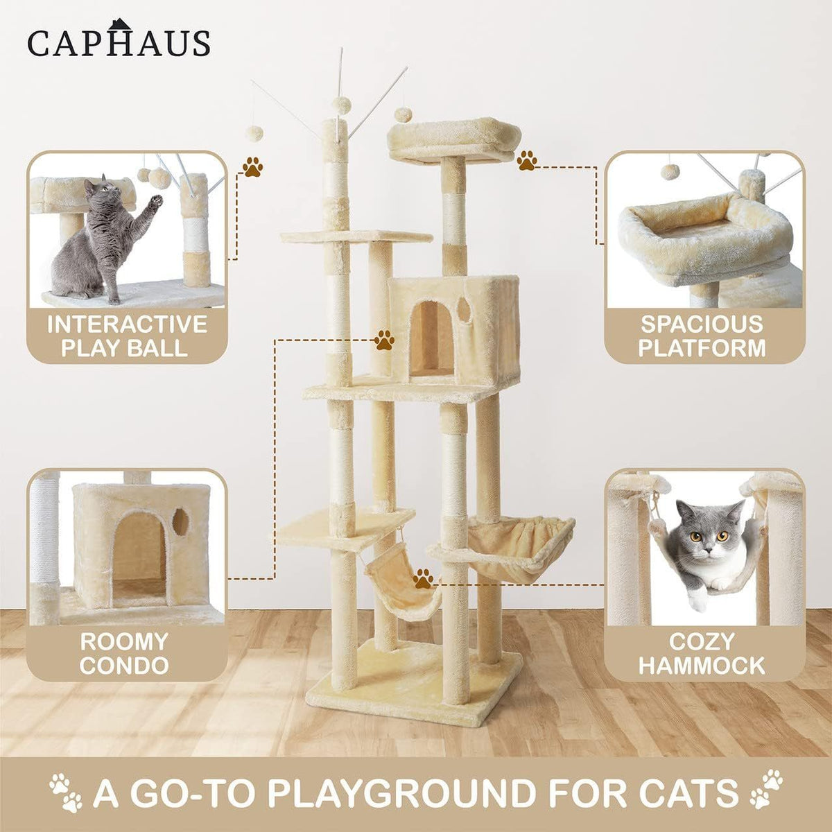 Tall Cat Tree 70 Inch for Indoor Cats, Multi-Level Climbing Tower with Top Perch, Hammock, Cave Condo and Scratching Posts in Three Colors