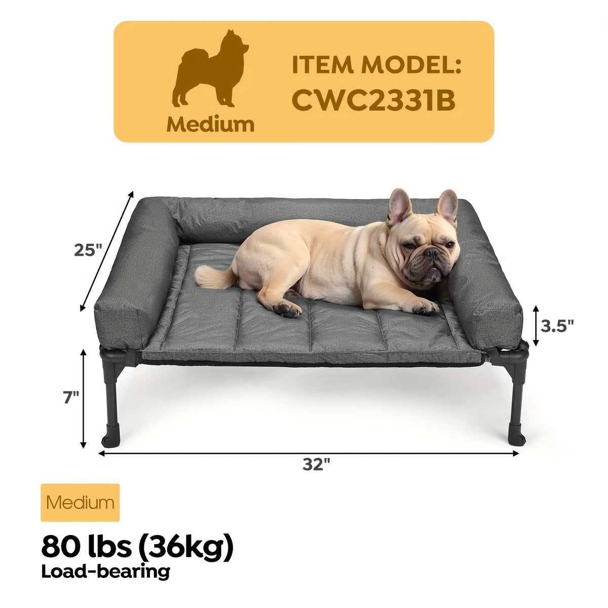 Elevated Dog Bed with Removable Pillow-Top Mat, Three-Sided Bolster Pet Cot with Breathable Teslin Mesh, Steel Frame and Non-Slip Feet in Four Sizes