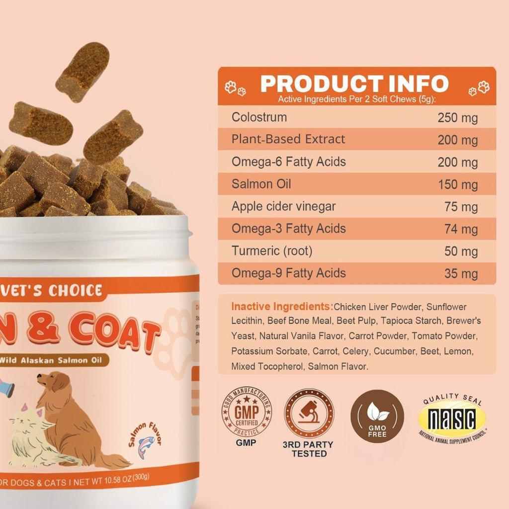 Salmon Oil Soft Chews for Dogs and Cats, 120 Count Omega-3 Fish Oil Supplement for Skin and Coat Care, Salmon Flavor Pet Chews, 300g