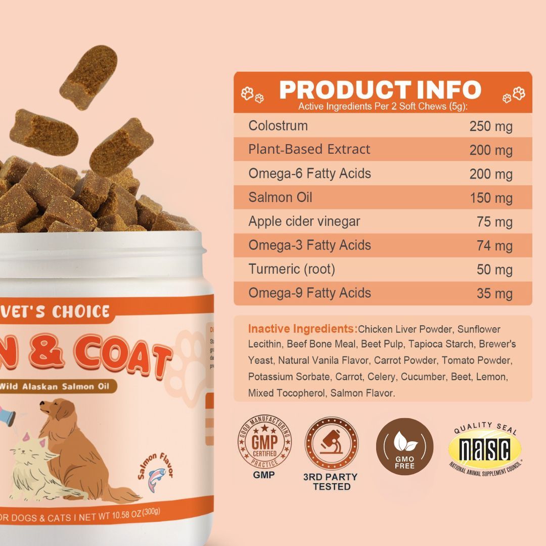 Salmon Oil Soft Chews for Dogs and Cats, 120 Count Omega-3 Fish Oil Supplement for Skin and Coat Care, Salmon Flavor Pet Chews, 300g