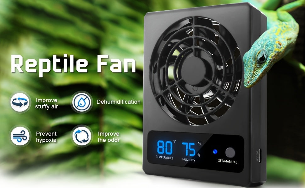 Reptile Climate Controller with Digital Thermometer and Hygrometer, Automatic Dehumidifying Ventilation Fan and High-Temperature Alarm for Terrariums