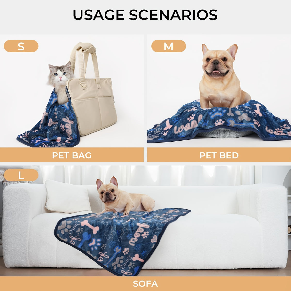 Coral Fleece Pet Blankets 3-Pack for Dogs and Cats, Soft Double-Sided Throws for Sofa, Crate and Bed, Three Size Options for Home and Travel