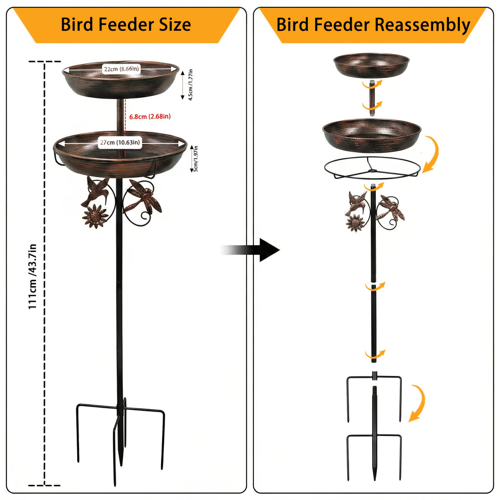 Bird Bath and Feeder 2-in-1, Bronze Double-Tier Iron Birdbath with 5-Prong Ground Stake and Vintage Garden Accents for Outdoor Yards