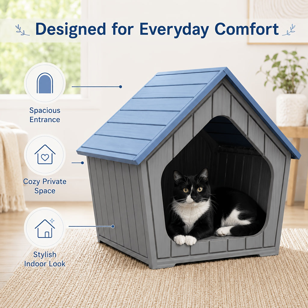 Resin Cat House with Raised Floor and Roof, XL Listed Pet Hideaway for Indoor and Sheltered Outdoor Rest, Blue or Light Brown, Assembly Required