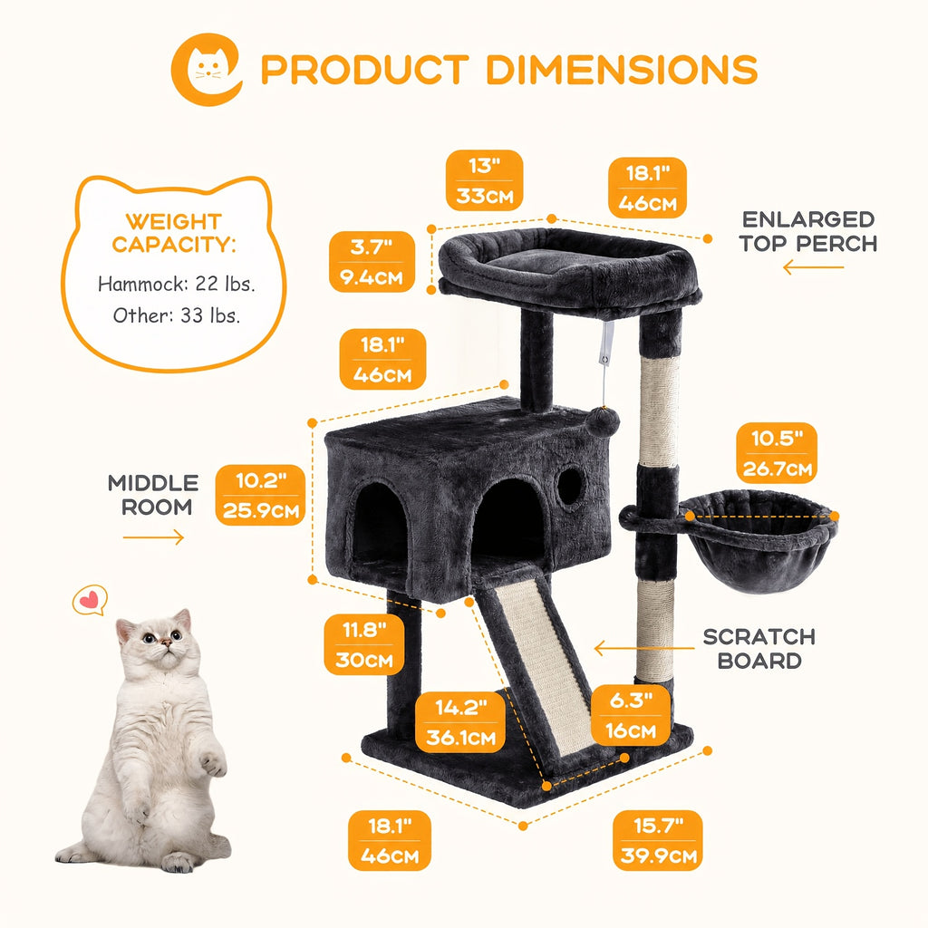 Cat Tree with Sisal Scratching Board, 36 Inch Multi-Level Indoor Cat Condo with Cozy Hammock, Padded Plush Perch and Scratching Posts for Kittens