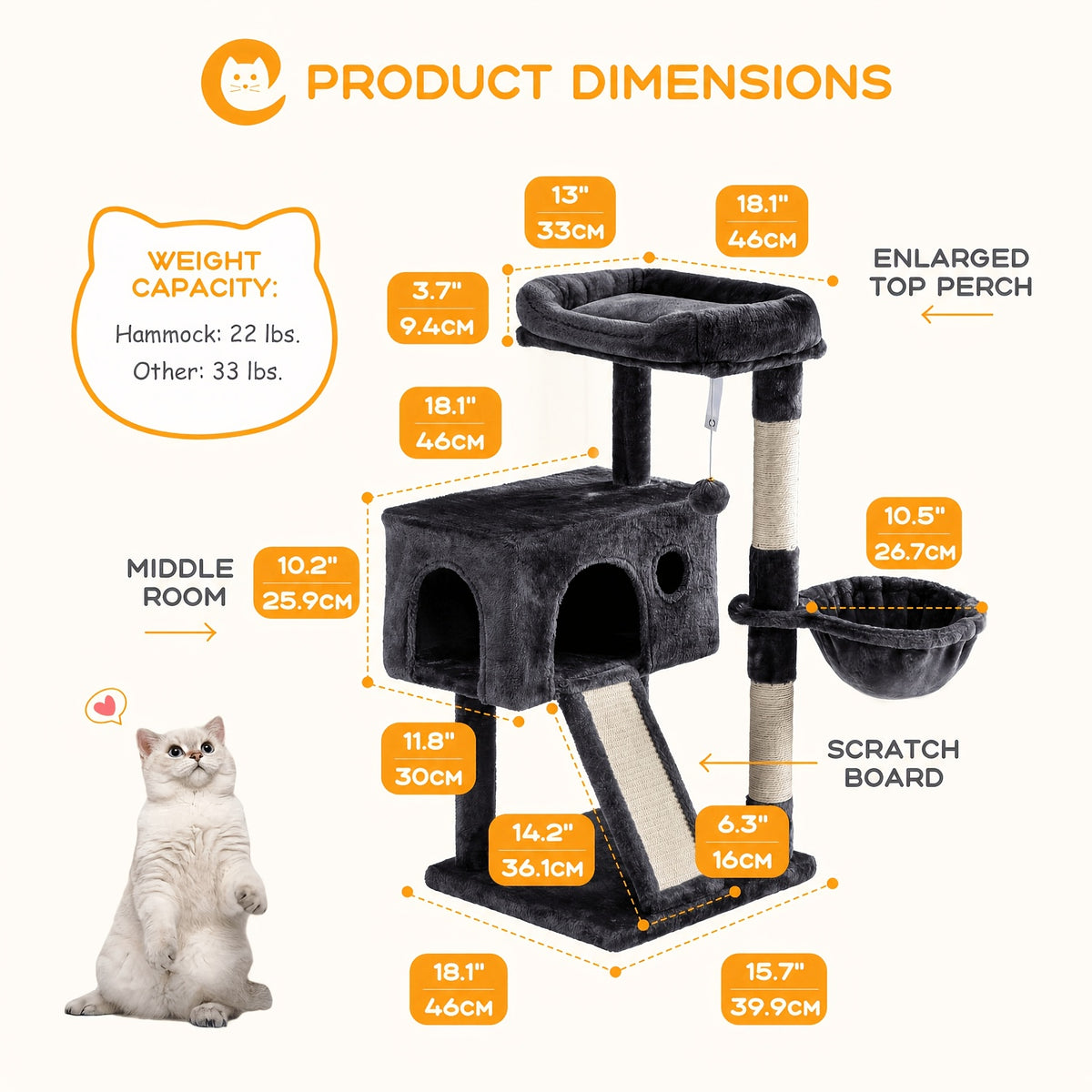 Cat Tree with Sisal Scratching Board, 36 Inch Multi-Level Indoor Cat Condo with Cozy Hammock, Padded Plush Perch and Scratching Posts for Kittens