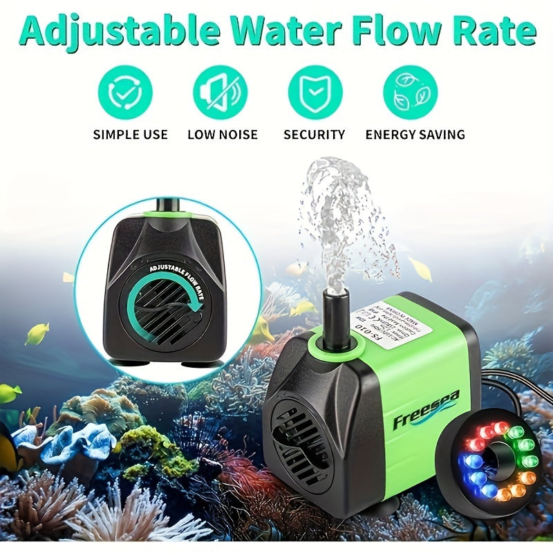 Submersible Fountain Pump 160GPH 10W with Adjustable Flow, Two Nozzles and Tubing for Aquarium, Small Pond and Hydroponic Water Circulation