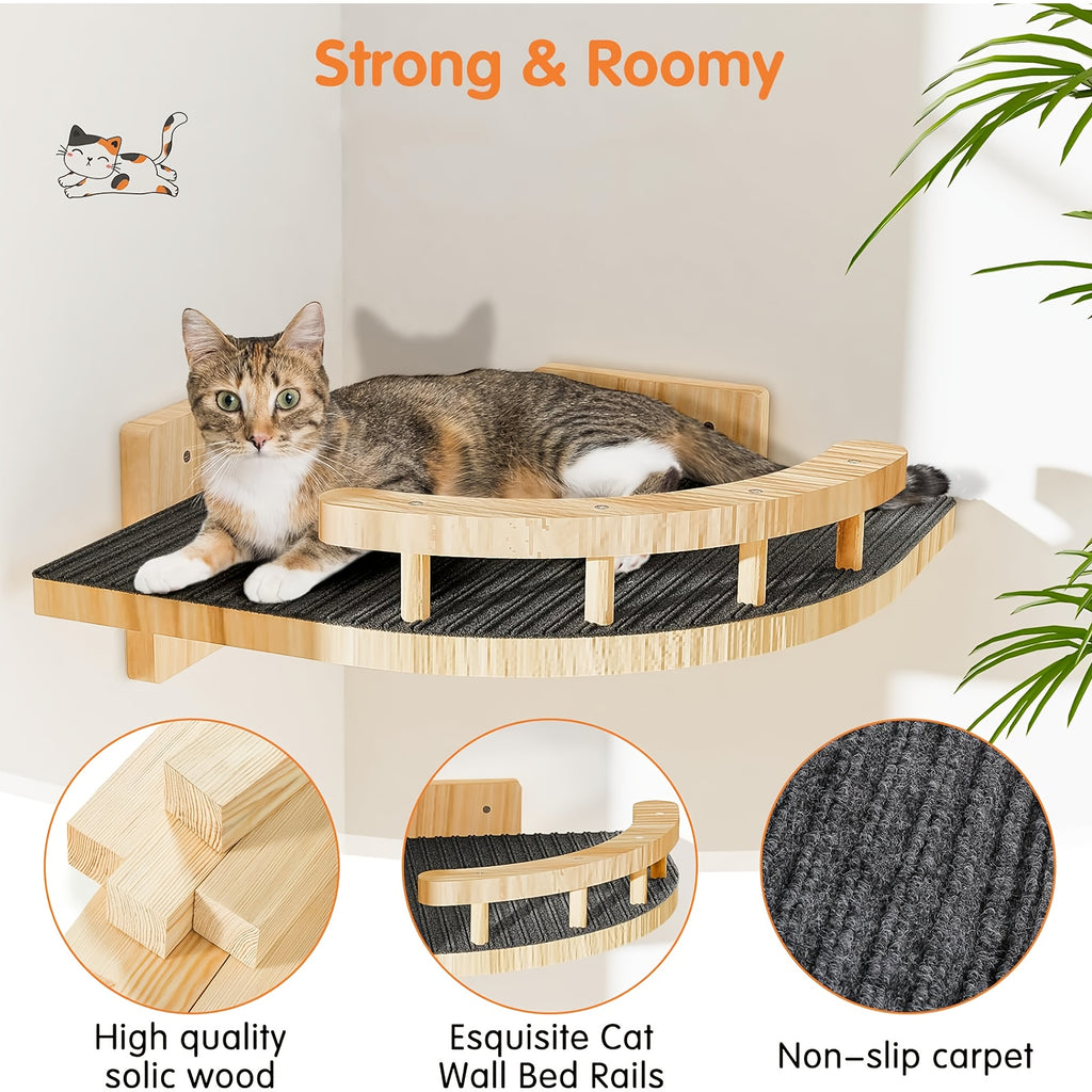 Pine Wood Cat Wall Shelves with Hammock or 4-Piece Set Options, Wall-Mounted Climbing and Resting Furniture for Indoor Cat Spaces