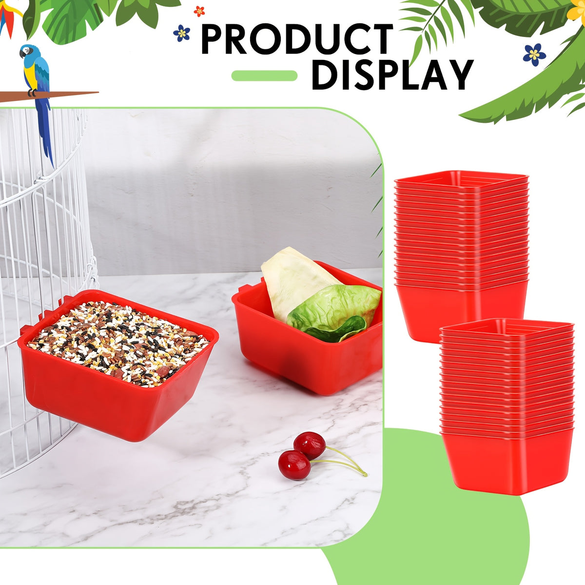 Chicken Feeder Cups 50 Pack, Red 16 Oz Hanging Cage Food and Water Bowls for Poultry, Parrots, Parakeets, Pigeons and Bunny Feeding Routines