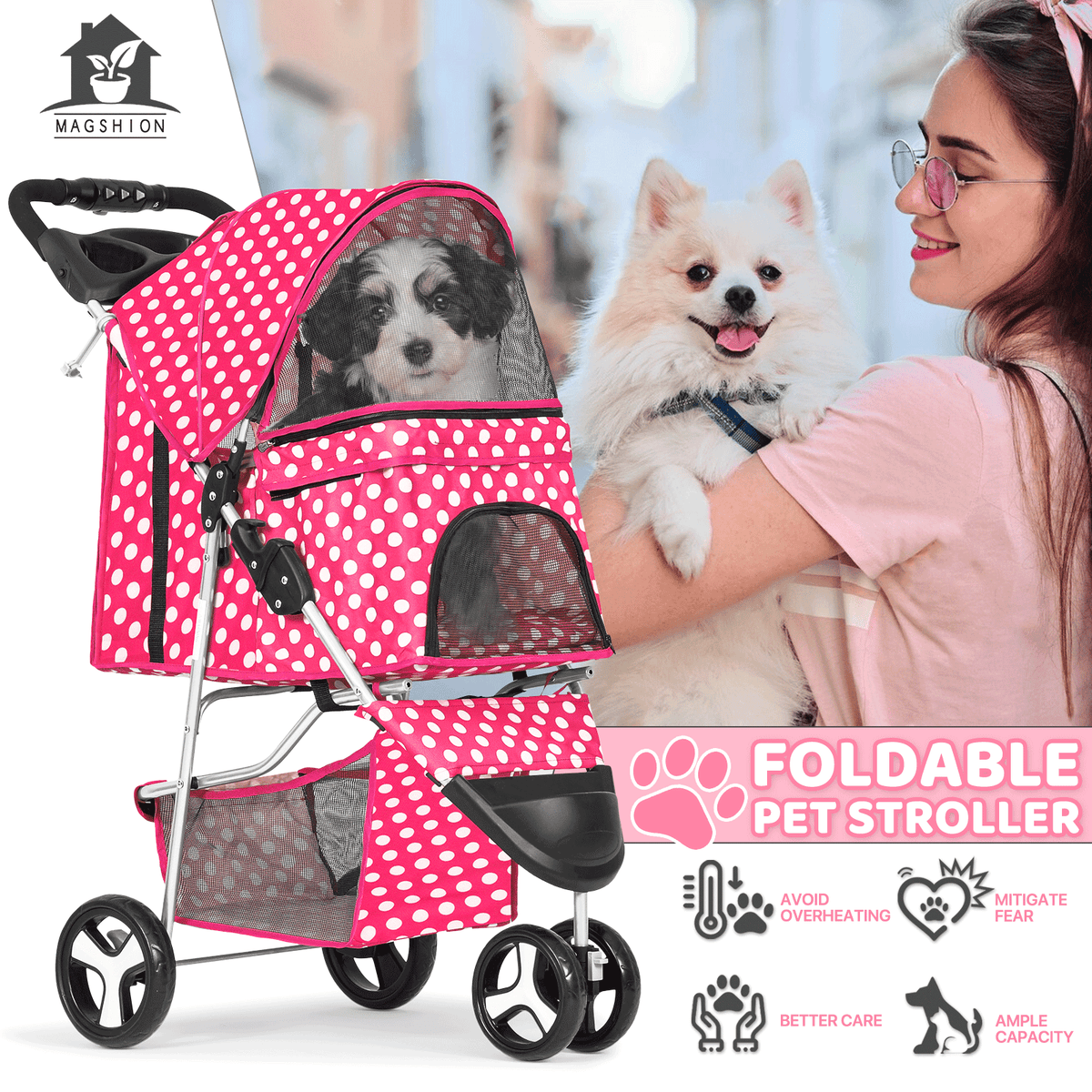 Pet Stroller with Storage Basket and Cup Holder, Magshion Three-Wheel Foldable Pushchair for Small and Medium Dogs and Cats, 14 Color and Pattern Options