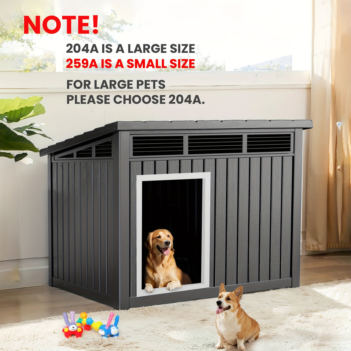 Dog House for Large Dogs Outdoor, All-Weather Resin Dog Shelter with Lift-Up Slant Roof and Ventilation Louvers, Windproof Rainproof UV-Resistant, 2 Sizes in Black or Gray