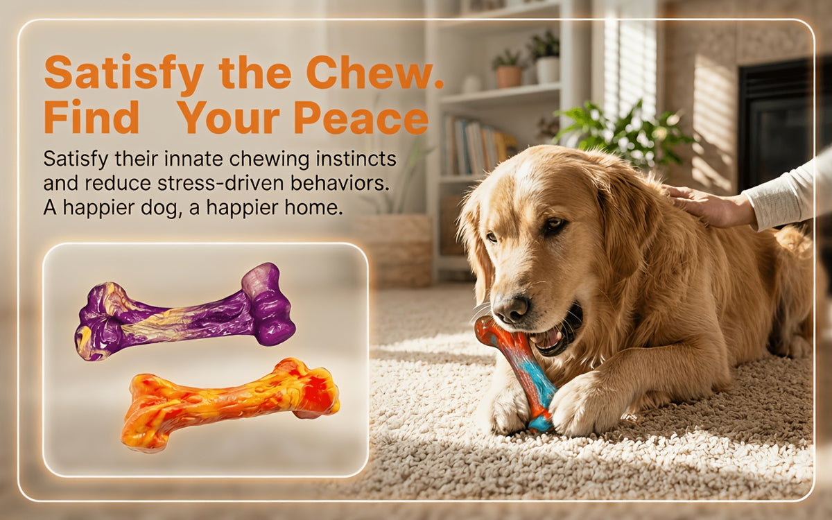 Beef-Scented Dog Chew Toys 3-Pack, Textured Bone-Shaped Chewing Toys for Medium and Large Dogs, Purple Red Orange Supervised Play Set