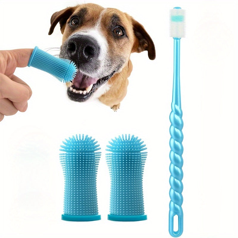 Dog Toothbrush Set, 3-Piece Silicone Pet Dental Care Kit with Finger Brush and Fine Bristle Brush, 360-Degree Design for Dogs and Cats