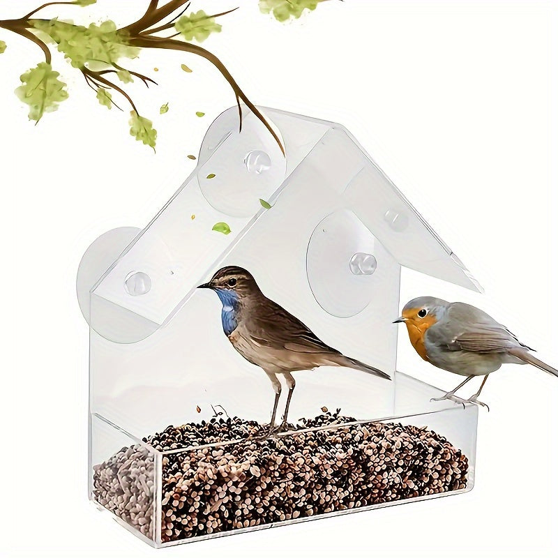 Clear Acrylic Window Bird Feeder with House-Shaped Seed Tray and Suction Cup Mount, Transparent Feeder for At-Home Bird Watching