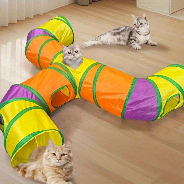 T-Shaped Cat Tunnel with Hanging Ball, Collapsible Polyester Play Tube with Multiple Entrances for Indoor Cat Hide-and-Seek and Daily Exploration