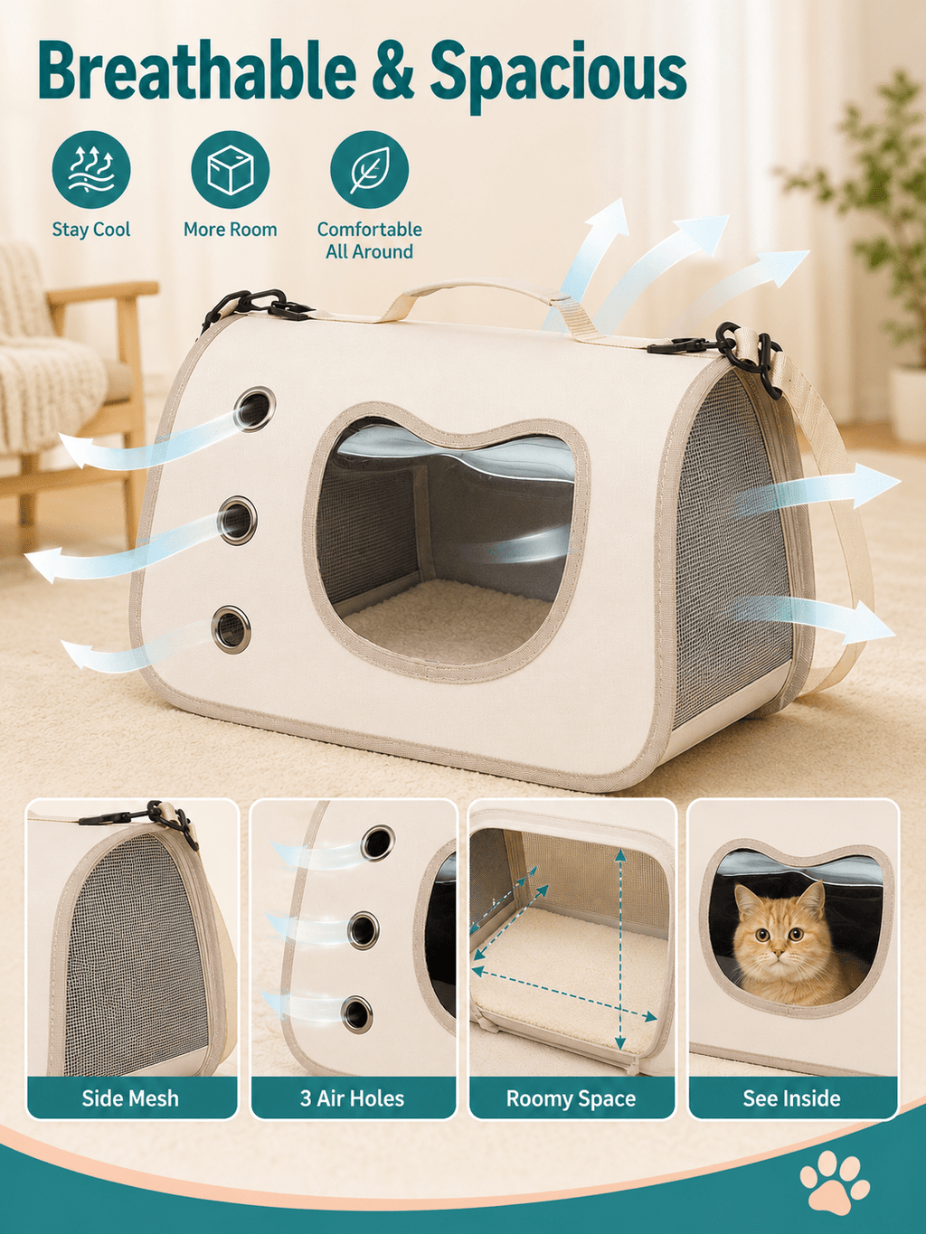 Pet Carrier Bag with Side Opening for Cats and Dogs, Soft-Sided Breathable Travel Tote for Handheld and Shoulder Carry, Off-White, Orange or Pink