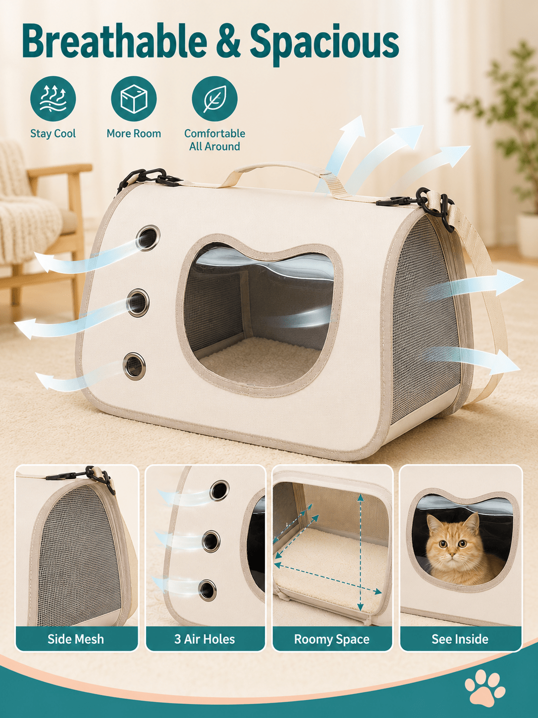 Pet Carrier Bag with Side Opening for Cats and Dogs, Soft-Sided Breathable Travel Tote for Handheld and Shoulder Carry, Off-White, Orange or Pink