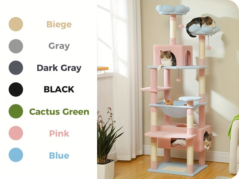 Cat Tree with Eight Levels, 72 Inch Indoor Cat Tower with Spacious Condo, Sisal Scratching Posts, Padded Perches and Basket for Rest and Play