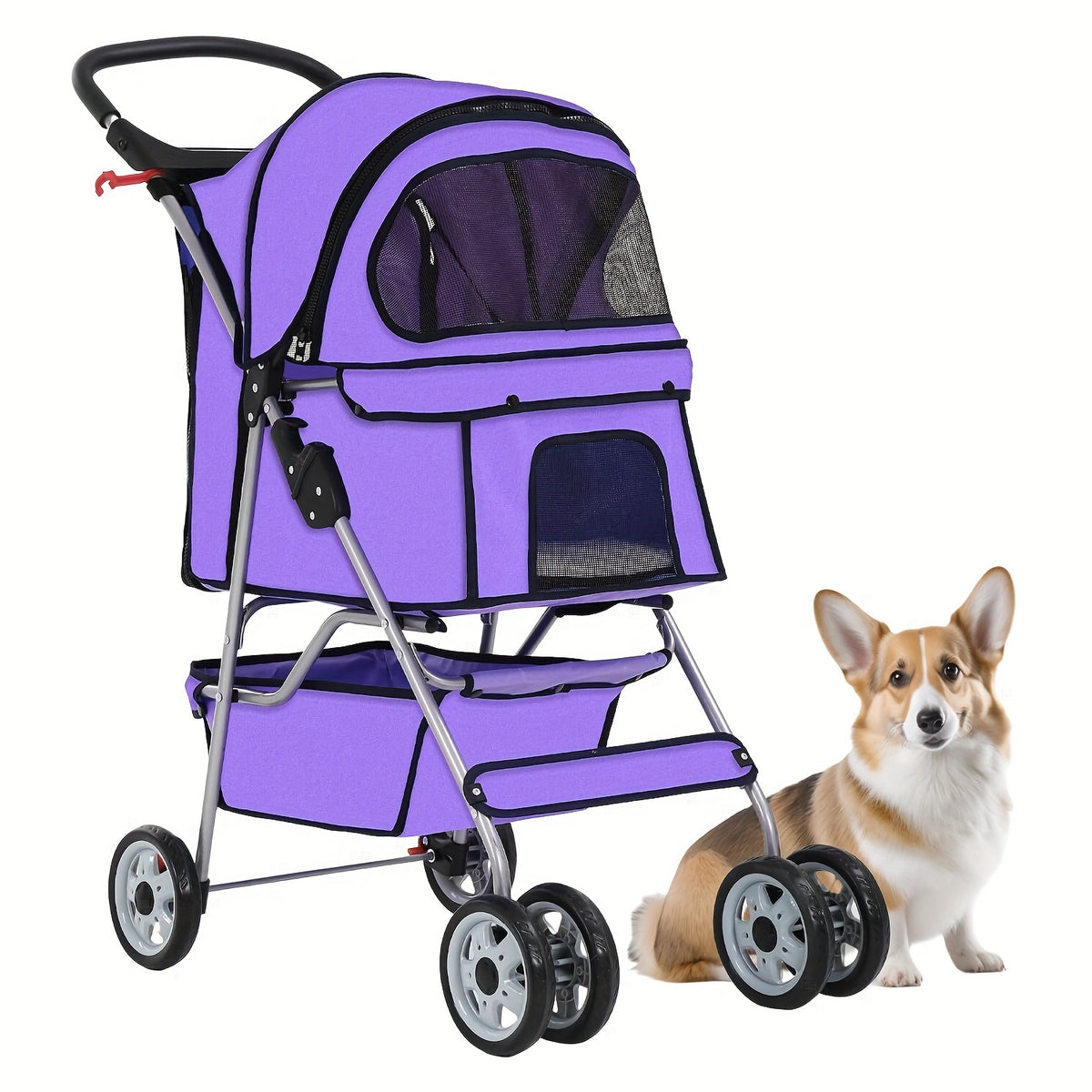Pet Stroller with Four-Wheel Layout, Folding Frame and Mesh Canopy, Dog and Cat Pushchair with Storage Basket, Cup Holder and Removable Liner