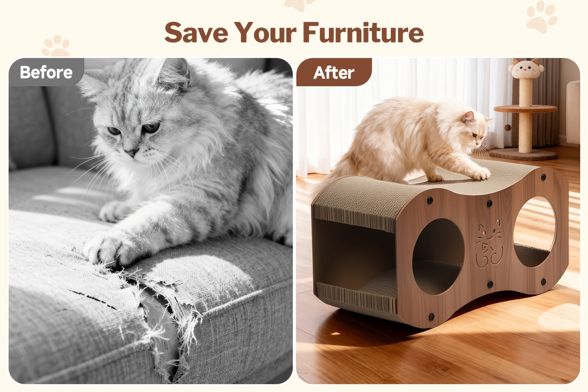 Cat Scratching Post with Integrated Bed and Woven Scratch Pad, Indoor Cat Lounging and Play Furniture with Cat Toy, Oak or Walnut Color Options