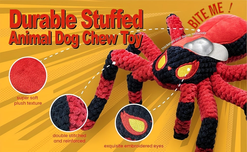 Spider Dog Toy with Squeaker and Crinkle Legs, Interactive Plush Tug of War Toy for Large Dogs, Red or Blue Halloween Pet Gift
