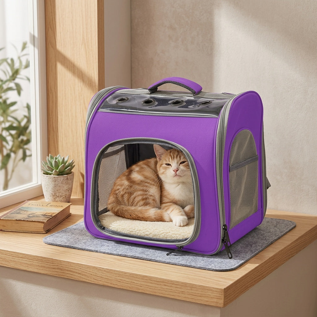 Cat Backpack with Front Opening and Breathable Mesh Window, Foldable Pet Carrier in Purple, Pink, Gray or Blue for Walks and Travel
