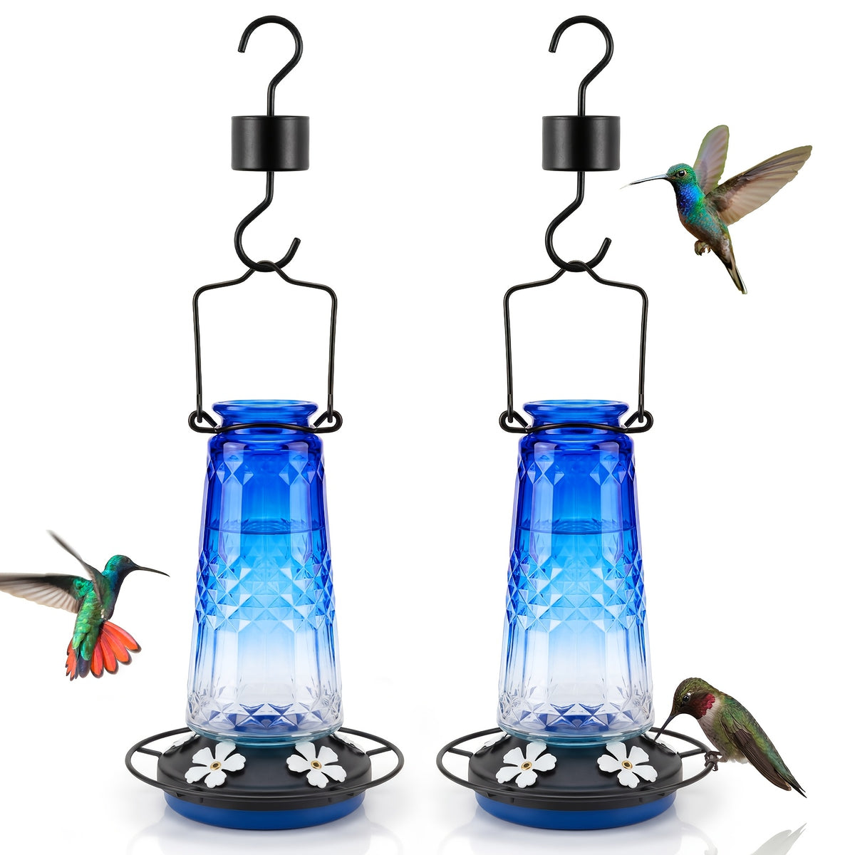 Glass Hummingbird Feeder 24oz by Kingsyard, Outdoor Hanging Nectar Feeder with 6 Feeding Ports and Ant Moat, Four Colors in Single or Two-Pack Options