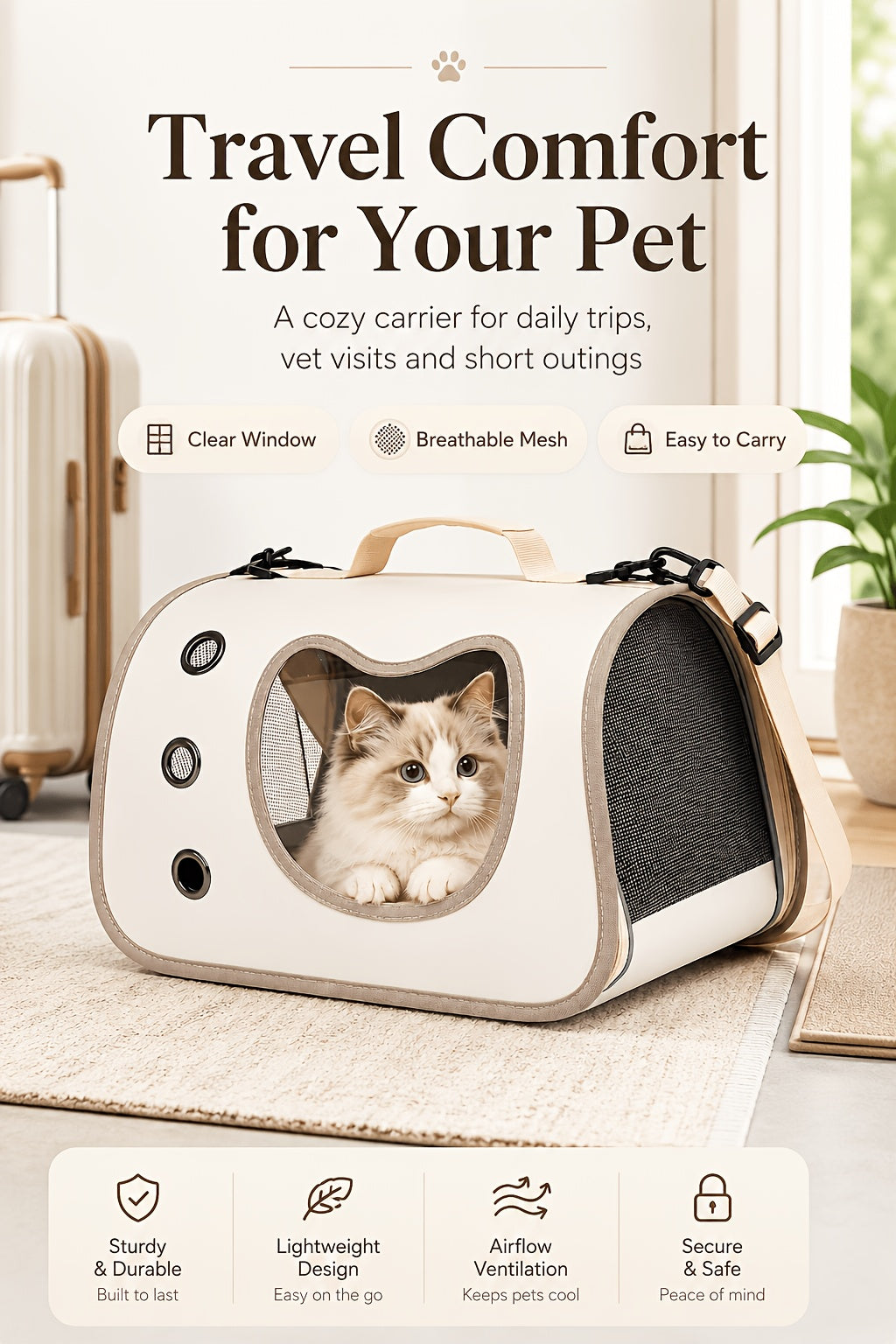 Cat Carrier with Cat-Face Viewing Window, Foldable Pet Travel Bag with Mesh Ventilation and Adjustable Shoulder Strap for Kittens and Small Dogs