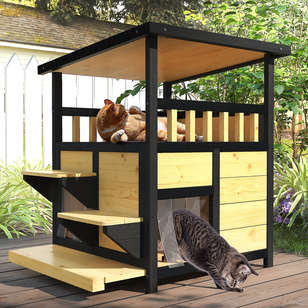 Two-Story Wooden Cat House in Yellow and Black, Indoor Pet Shelter and Apartment for Everyday Rest, Listed for Small and Medium Pets