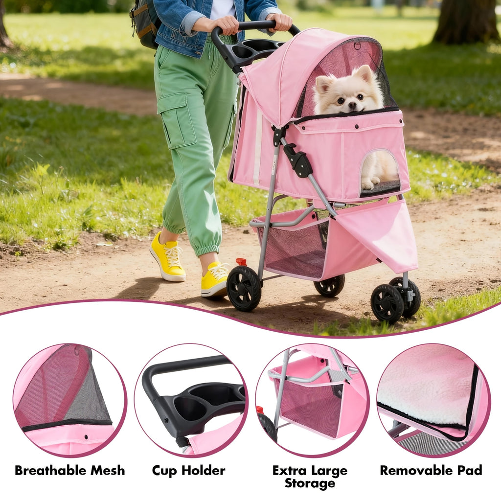 Pink Pet Stroller for Small Dogs and Cats, Lightweight Three-Wheel Foldable Travel Carrier with Breathable Mesh, Storage Basket and Cup Holder