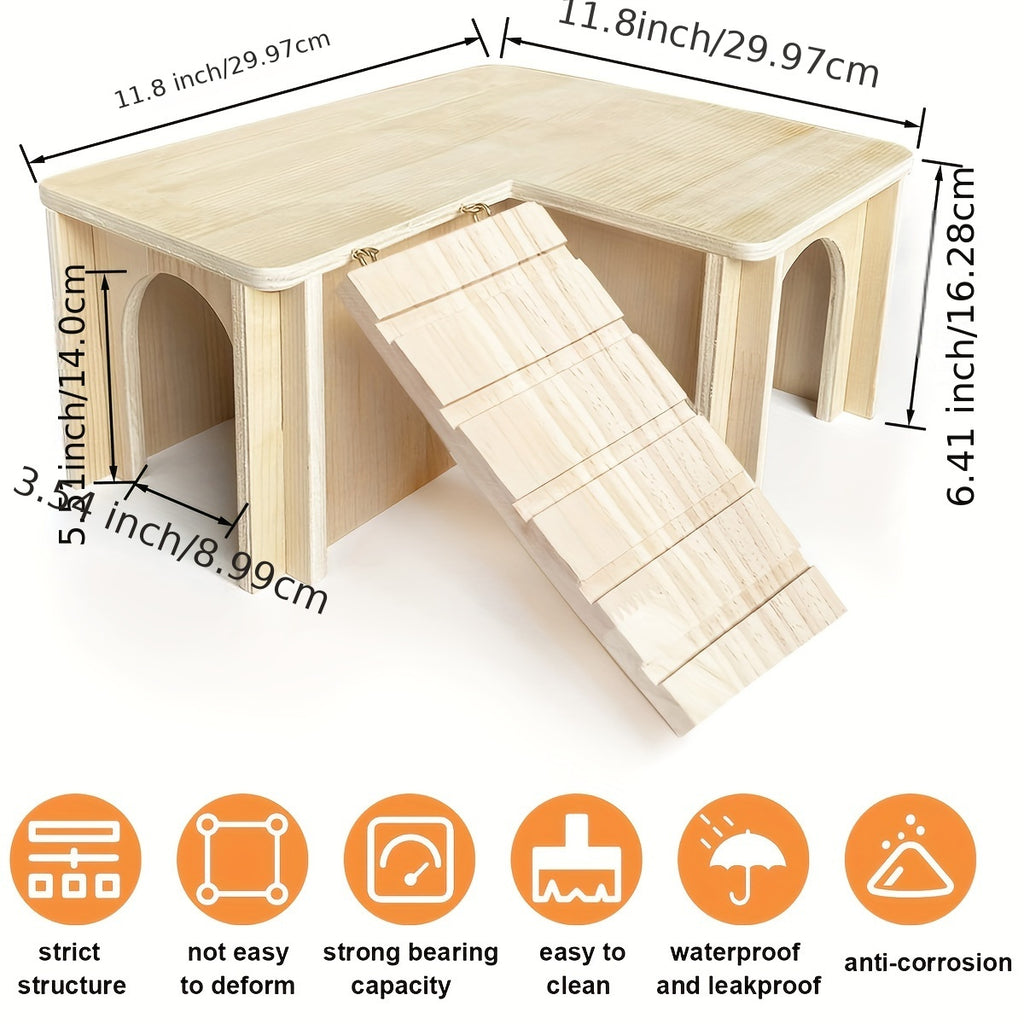 Guinea Pig Castle Hideout with Multiple Chambers and Ladder, Wooden Small Animal House for Habitat Exploration and Rest, 11.8 x 11.8 x 6.41 Inches