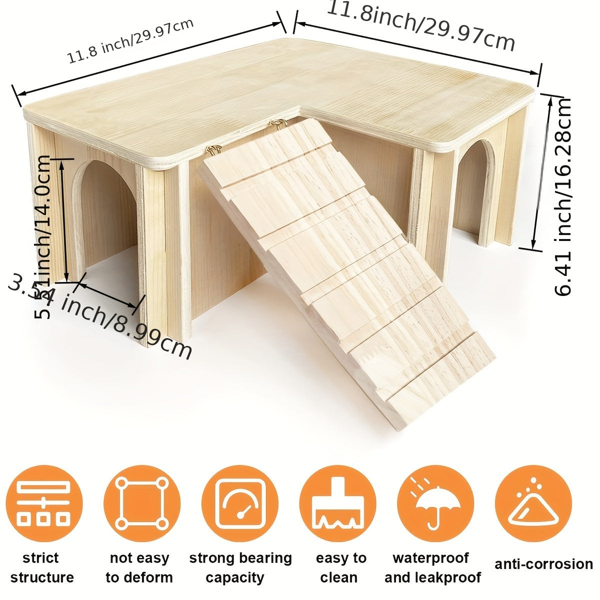 Guinea Pig Castle Hideout with Multiple Chambers and Ladder, Wooden Small Animal House for Habitat Exploration and Rest, 11.8 x 11.8 x 6.41 Inches