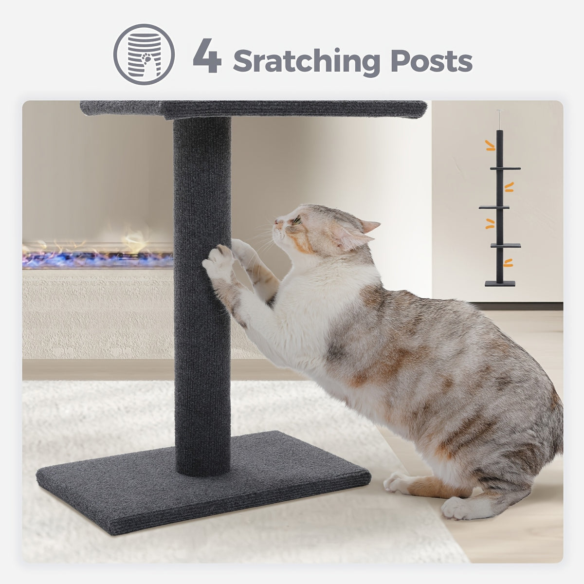 Floor to Ceiling Cat Tree, 90–107 Inch Adjustable 4-Tier Indoor Cat Tower with Tension Rod and Soft Carpet-Style Platforms for Climbing and Rest