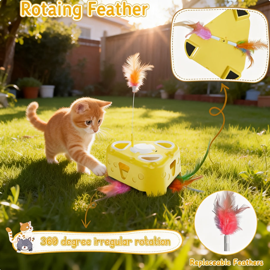 Interactive Cat Toy with Cheese-Shaped Base, 6-Hole Pop-Up Feathers and Flying Bird Wand, USB Rechargeable 3-Mode Toy for Indoor Cat Play