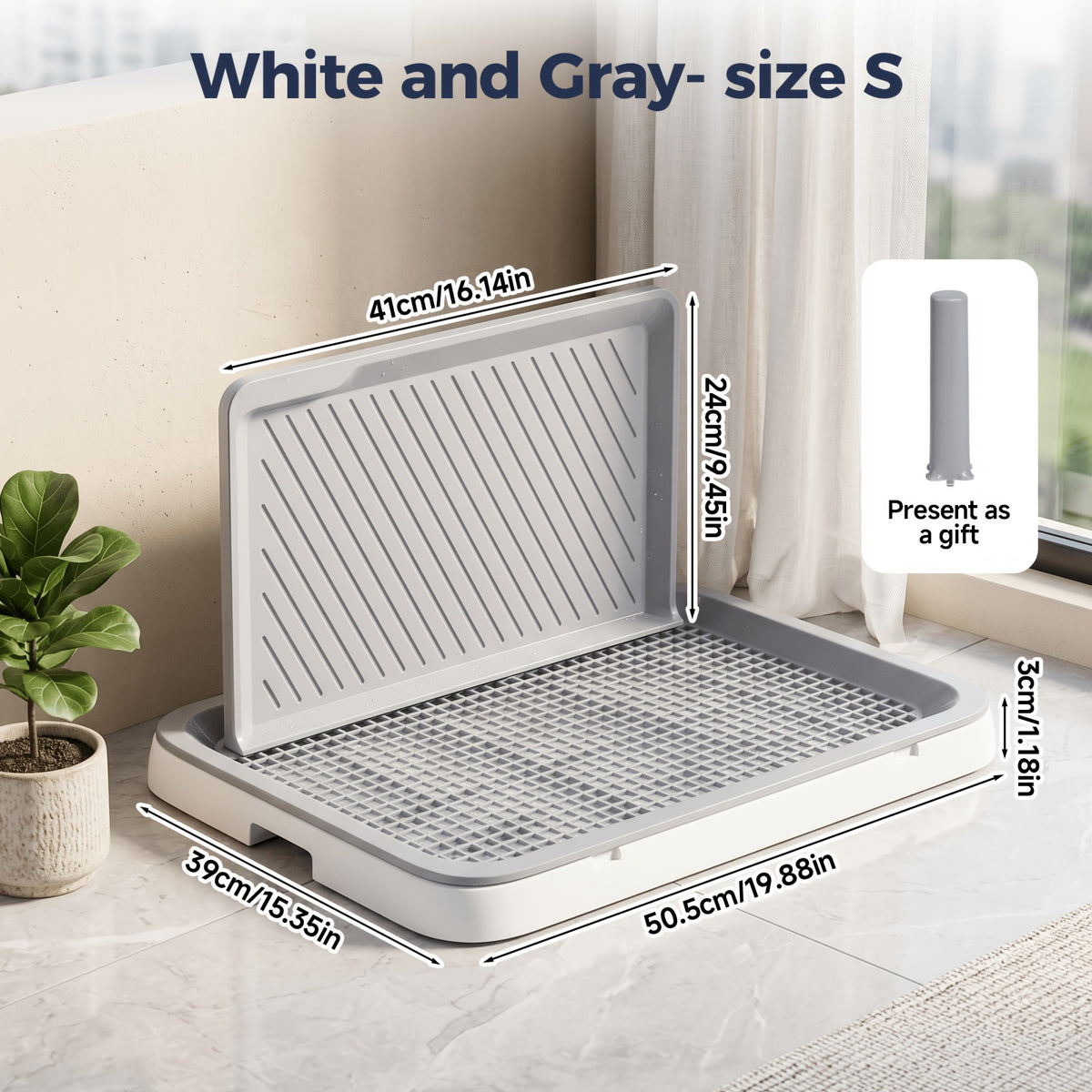High-Sided Dog Potty Tray with Removable Grate, Indoor Puppy Toilet for House Training, Non-Slip Base, Small Size in Blue Gray or White Gray