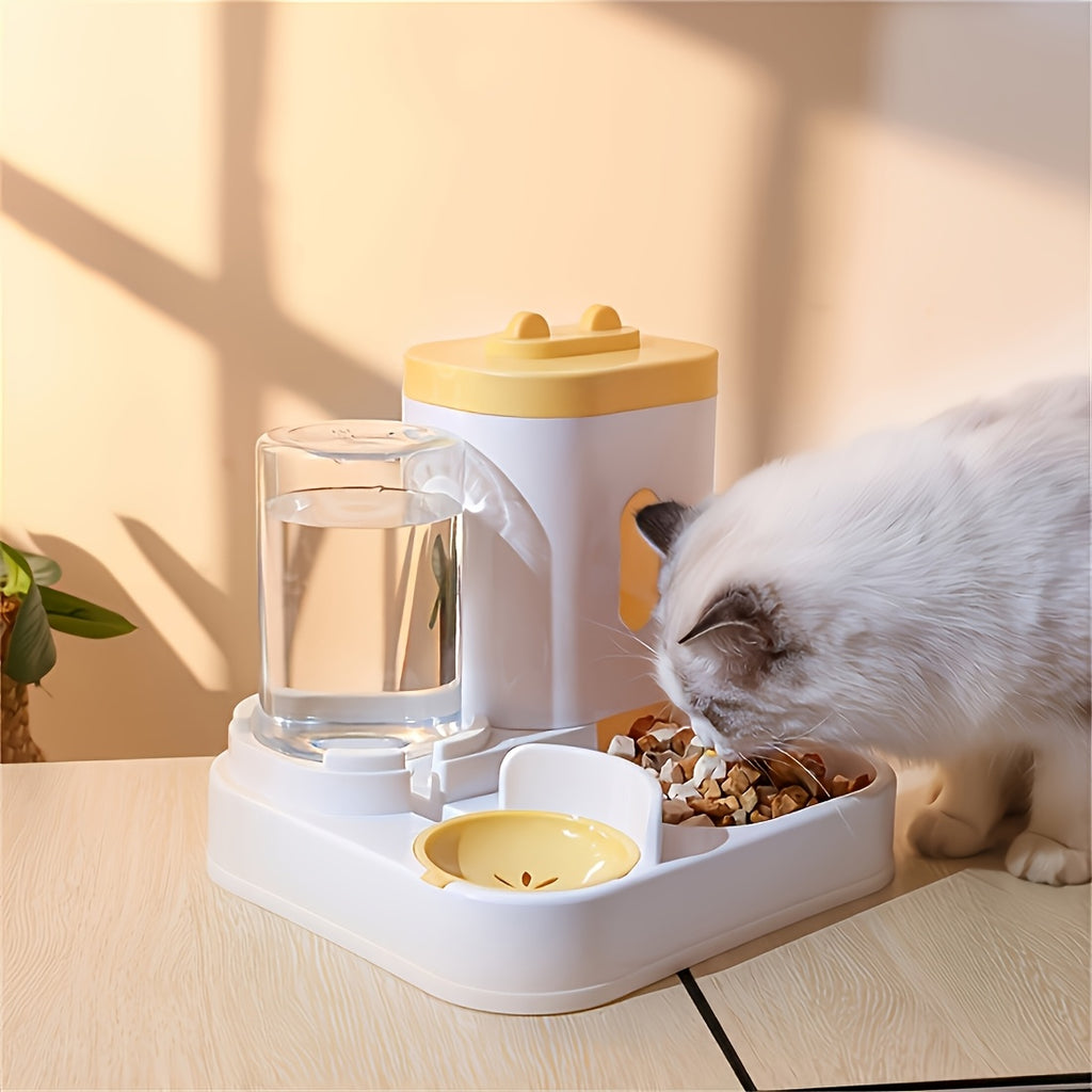 Cat Food and Water Dispenser Combo, 2-in-1 Integrated Pet Feeding and Drinking Station, Listed 4-Piece Set in Gray, Pink or Yellow