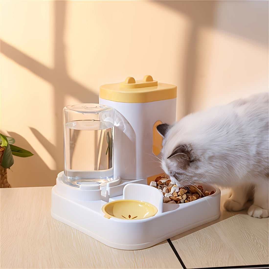 Cat Food and Water Dispenser Combo, 2-in-1 Integrated Pet Feeding and Drinking Station, Listed 4-Piece Set in Gray, Pink or Yellow