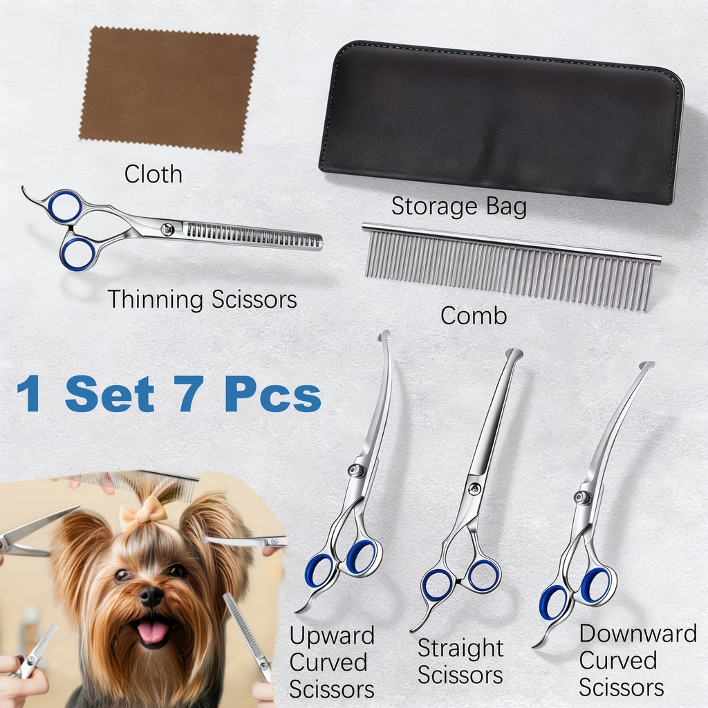 Pet Grooming Shears Kit, 7-Piece Titanium-Plated Stainless Steel Scissors Set with Rounded Tips, Straight, Curved and Thinning Tools for Dogs and Cats