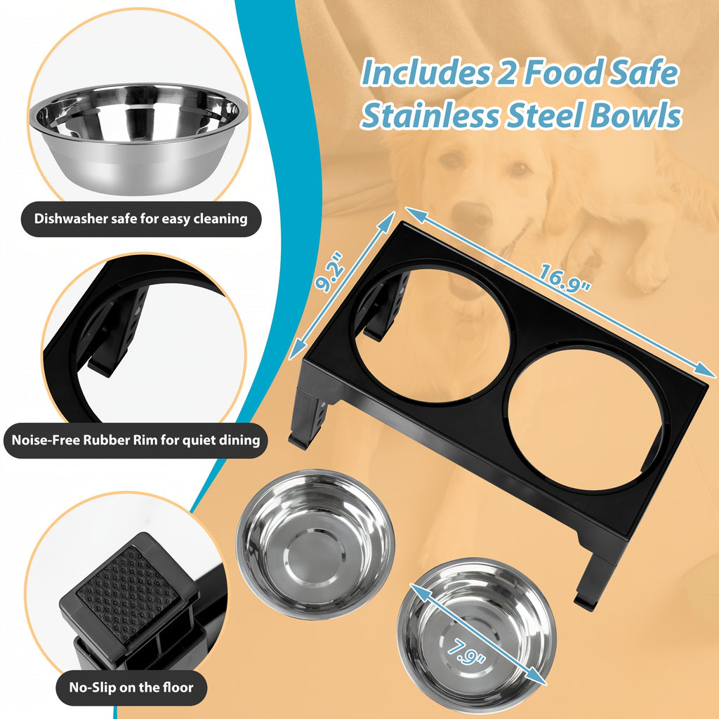 Five-Height Elevated Dog Bowls with 2 Stainless Steel Dishes, Foldable Raised Food and Water Stand from 3.15 to 12.2 Inches in Black or Gray