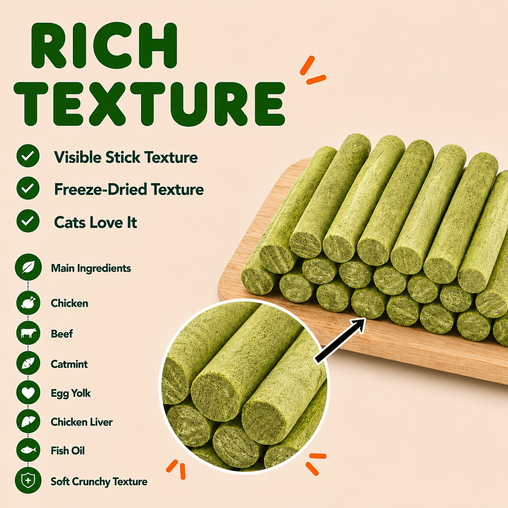 Crunchy Cat Treat Sticks with Chicken and Cat Grass, 2.93 oz Freeze-Dried Cat Snacks for Indoor Cats, Training Rewards and Food Topping