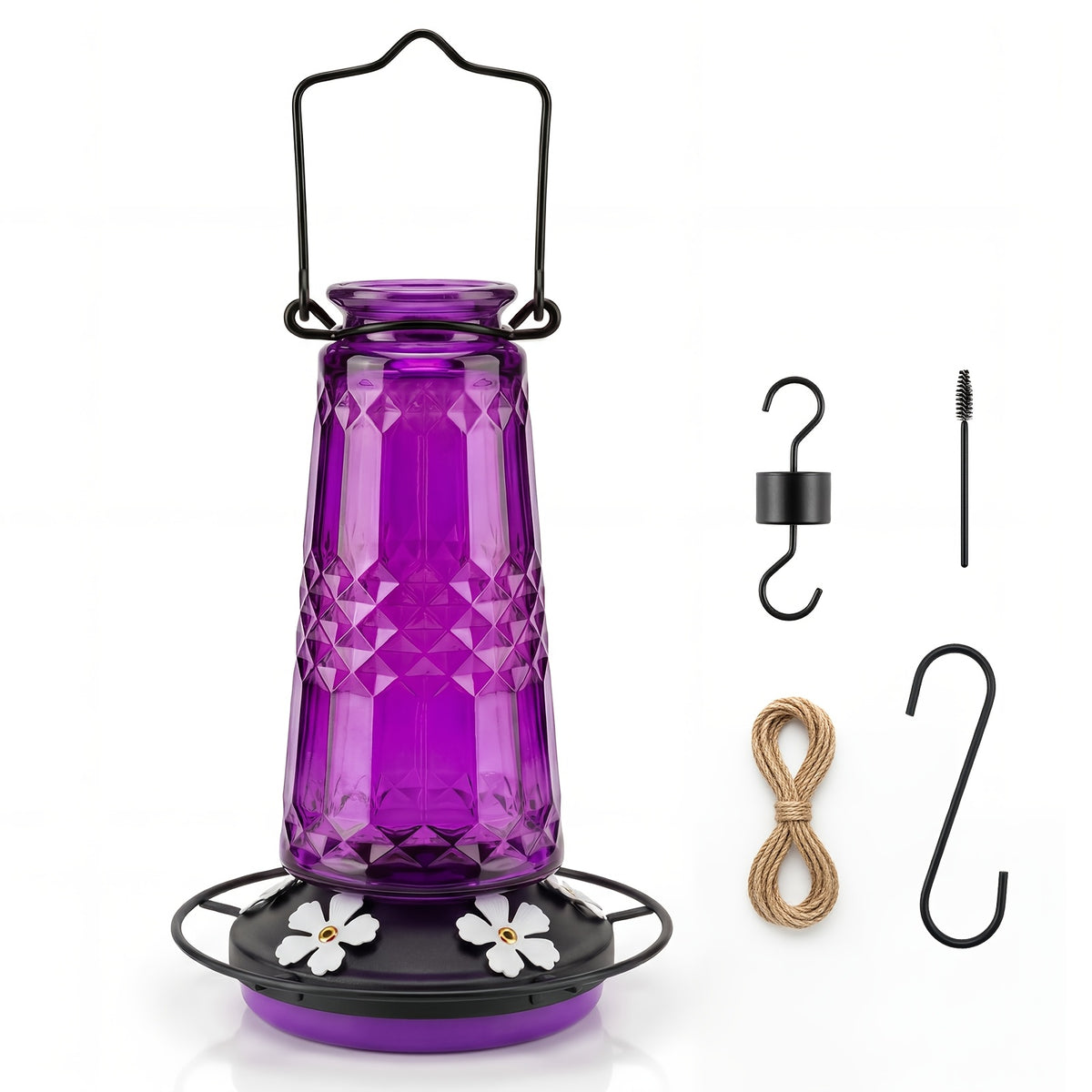 Glass Hummingbird Feeder 24oz by Kingsyard, Outdoor Hanging Nectar Feeder with 6 Feeding Ports and Ant Moat, Four Colors in Single or Two-Pack Options